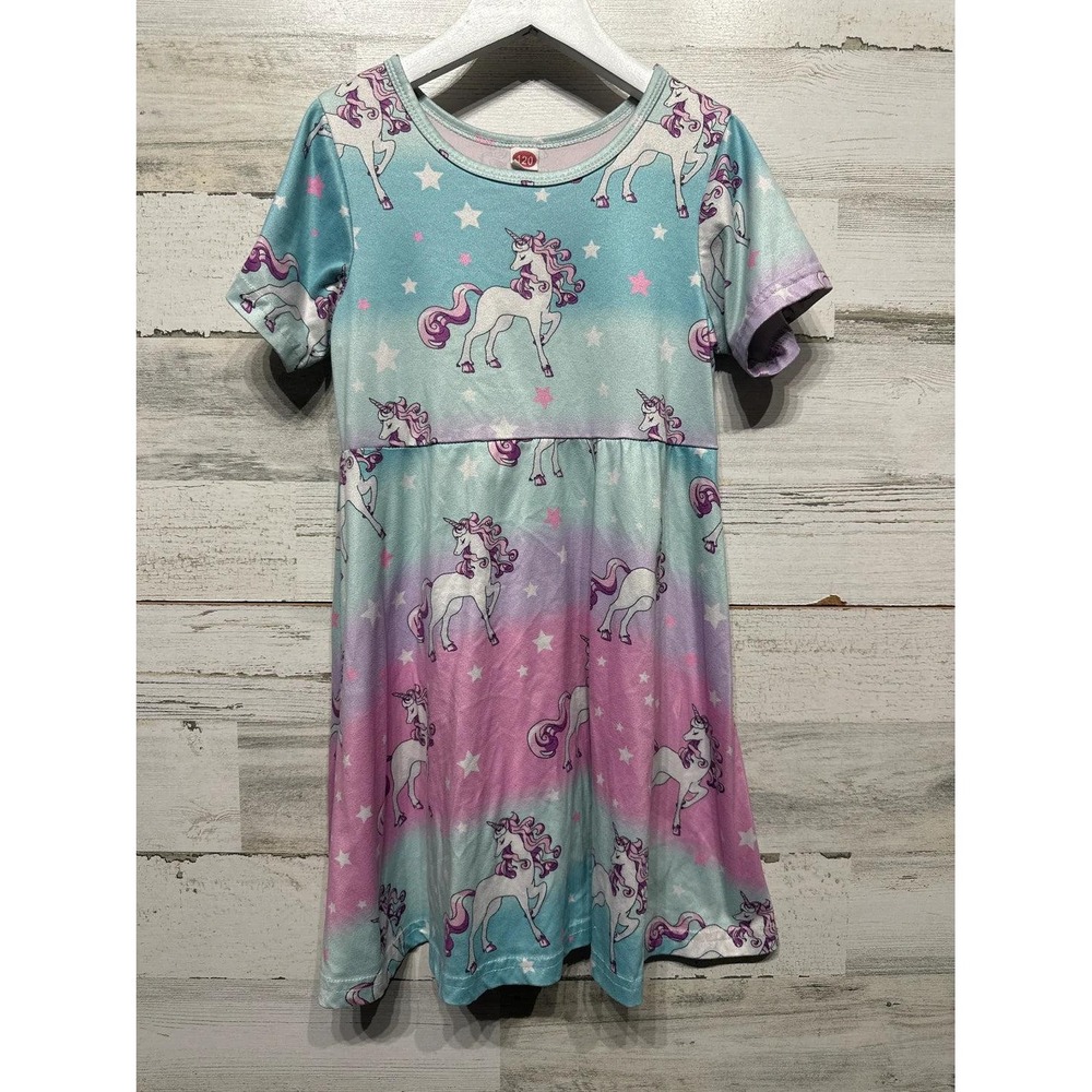 Boutique Unicorn Dress Girls 5/6 Teal Pink Ombre Milk Silk Twirl EUC